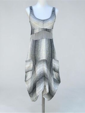Inizio Italian Linen Magic Dress L (M)Tank Trapeze Tulip Hem Lagenlook, Coastal